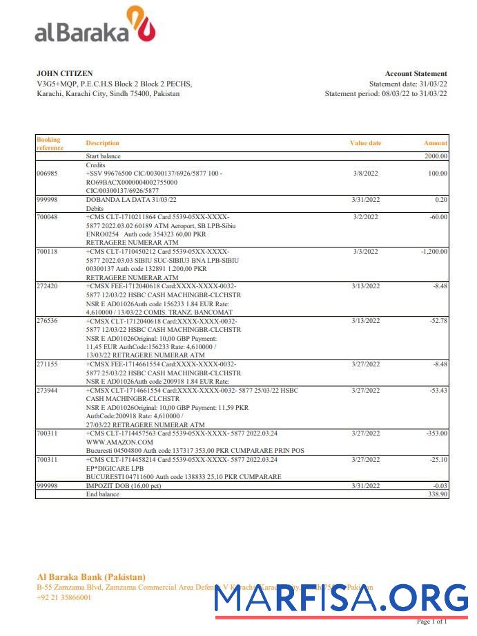 Downloadable Pakistan Al Baraka bank statement excel real example